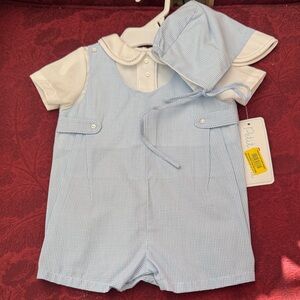 Petit Ami Light Blue and White Baby Outfit with Cap